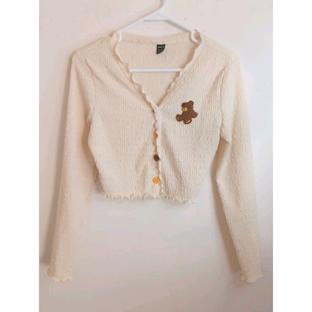 SHEIN Cropped Top M Button Down Teddy Bear Gauze V Neck Longsleeve Ruffled Boho